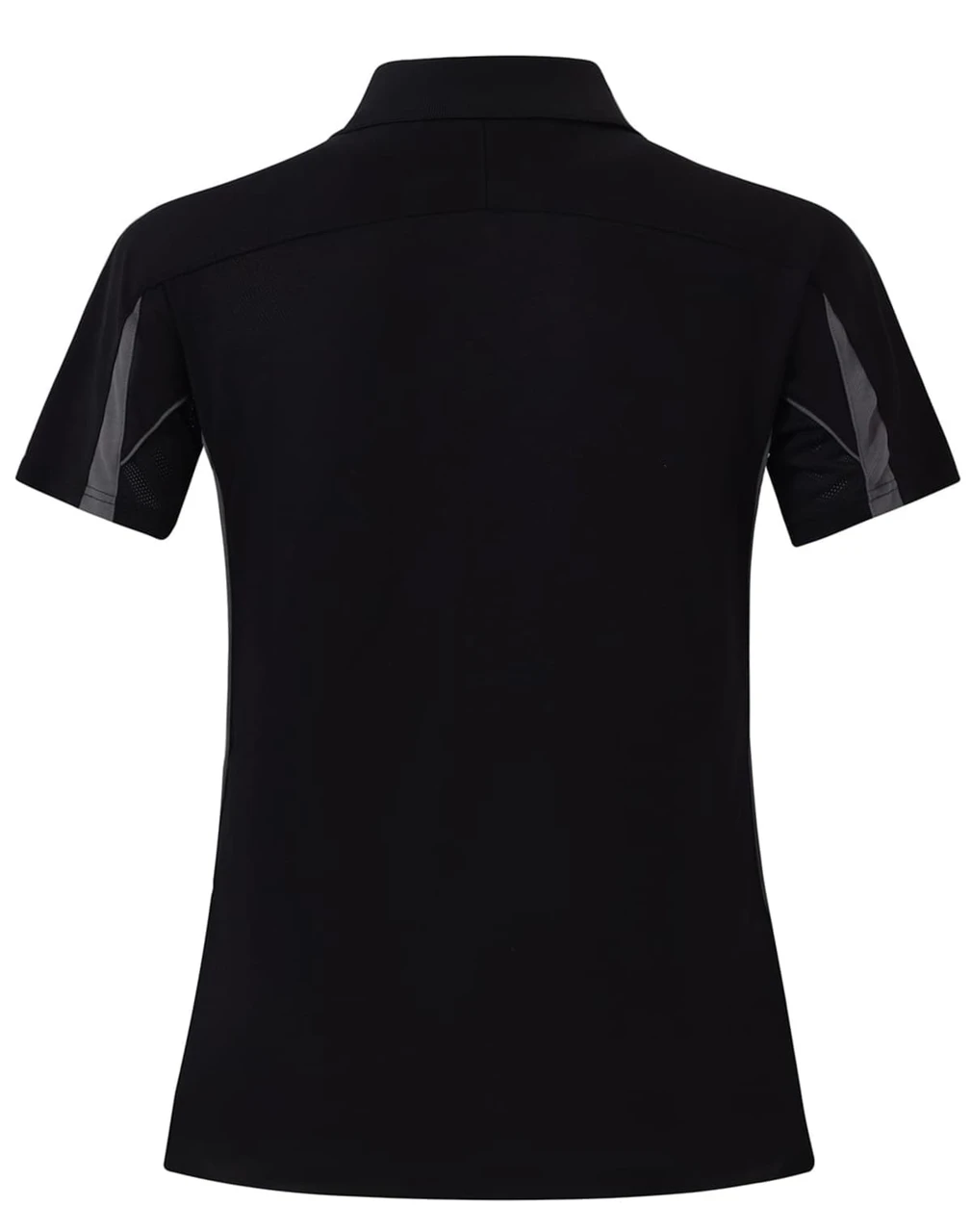 A short sleeve polo shirt in black with grey accents, featuring a collar and a logo on the front.