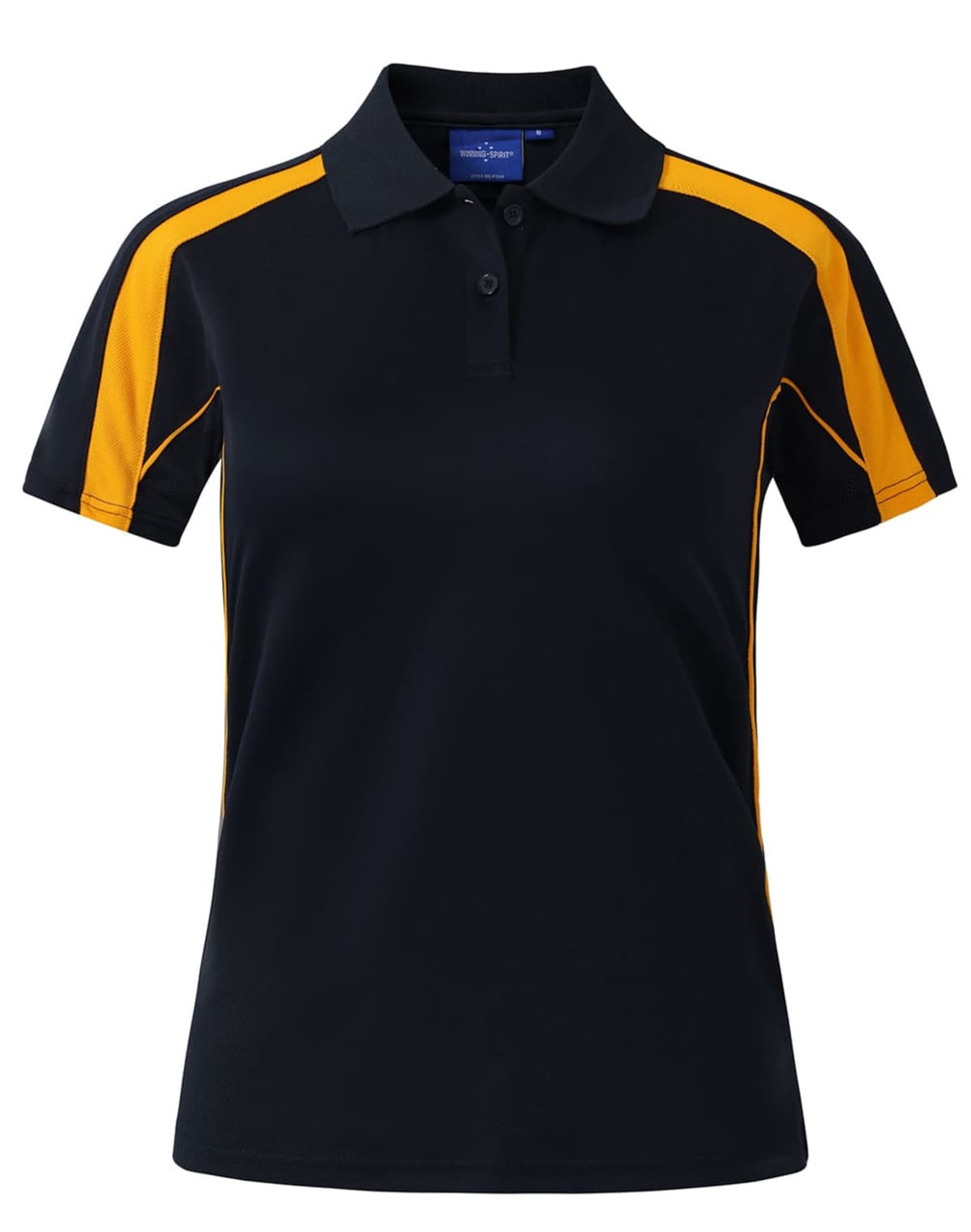 A black short sleeve polo shirt with orange side panels and a logo on the collar.