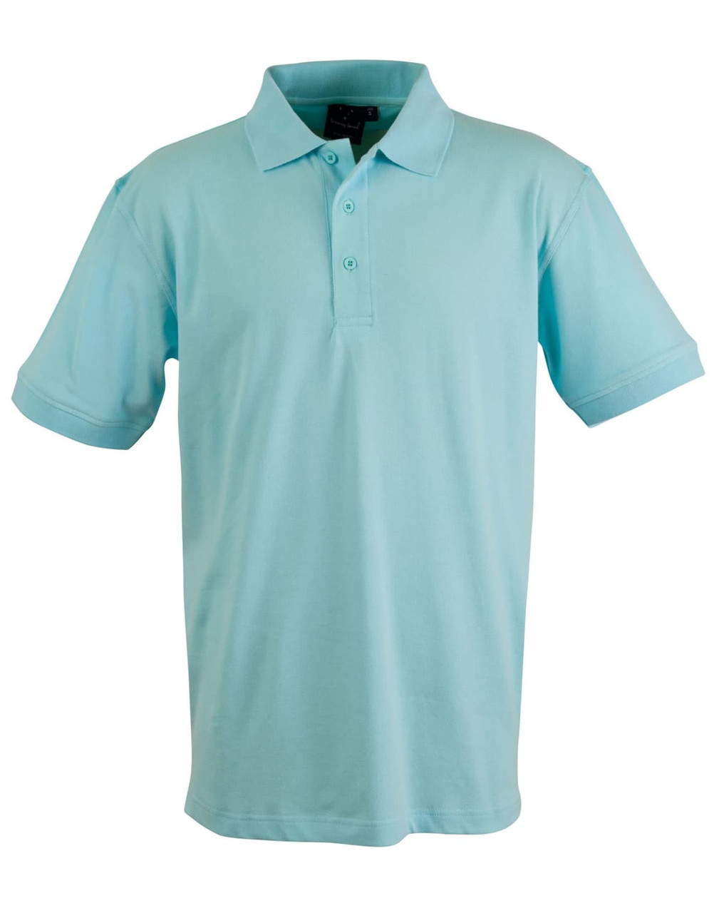 A light blue polo shirt with a classic collar and a logo on the chest. Short sleeves and a three-button placket.