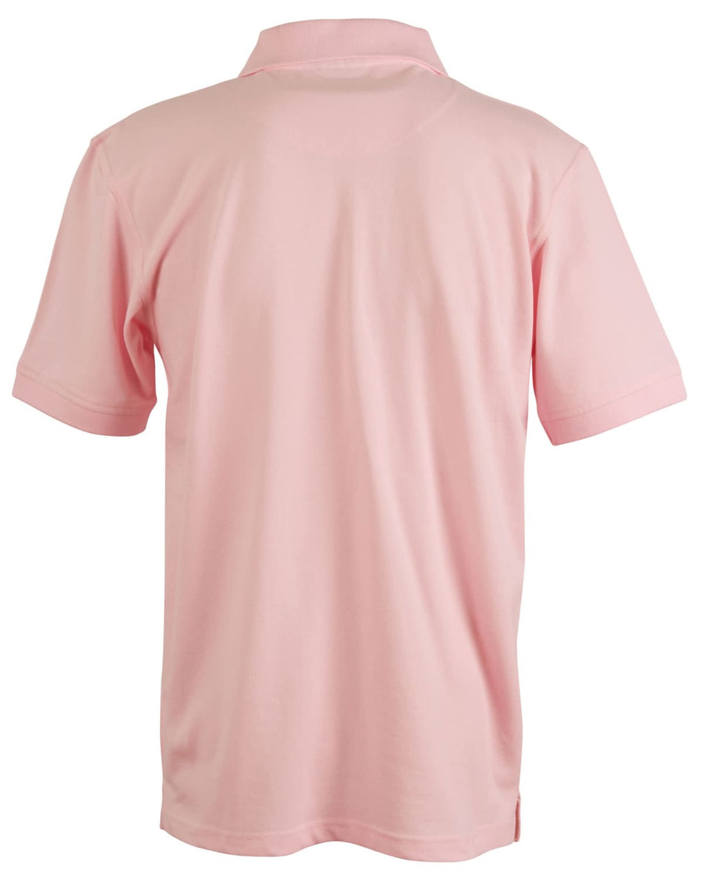 A pink polo shirt with a collar and short sleeves, featuring a logo on the back.