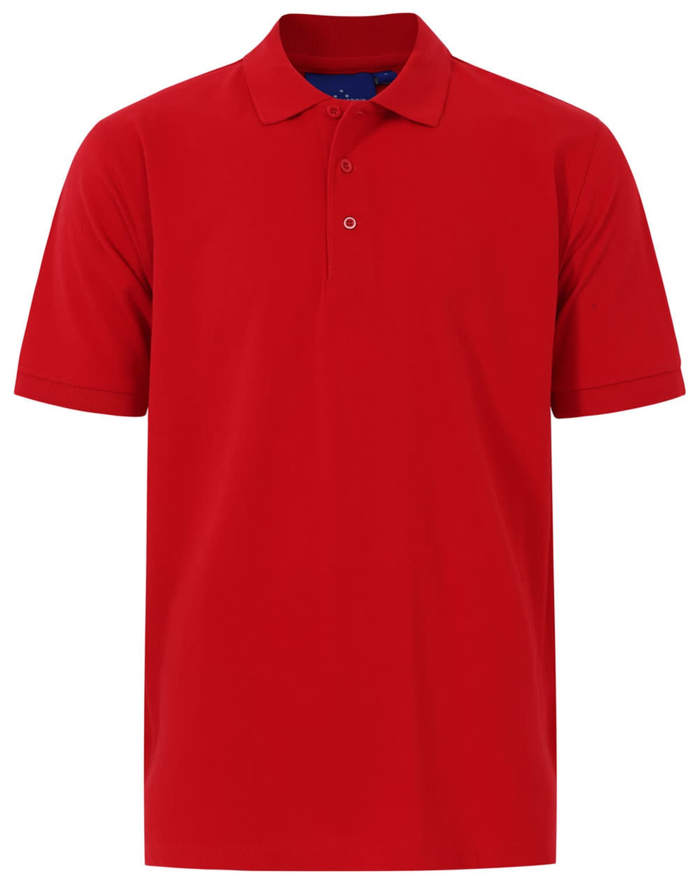 A red men's cotton stretch polo shirt, featuring a collar and short sleeves, with a small logo on the chest.