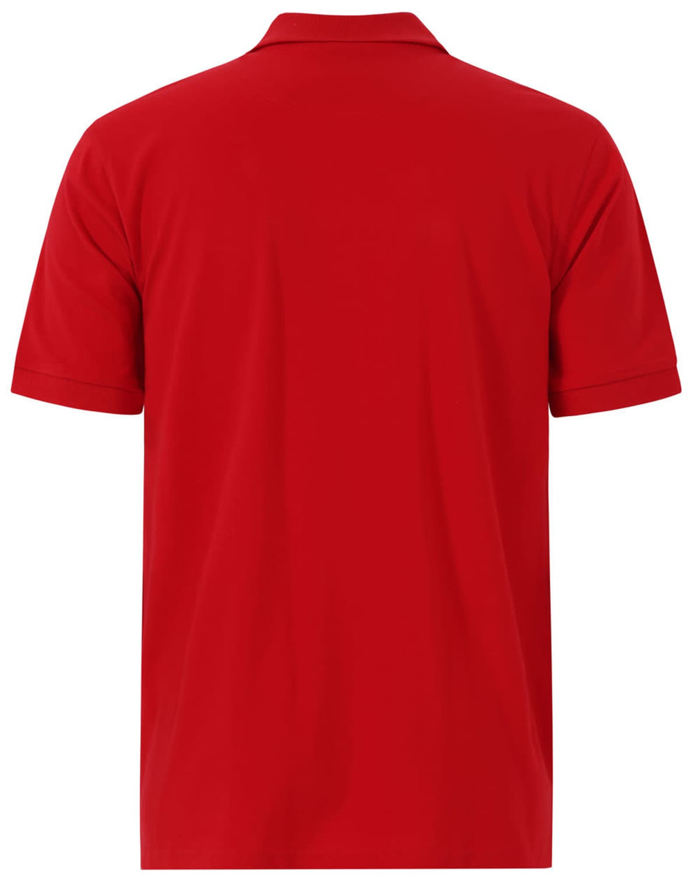 A red men's cotton stretch polo shirt with short sleeves and a collar, featuring a logo on the chest.