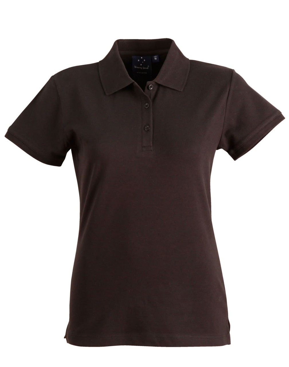 A brown ladies' polo shirt with a collar and three-button placket. It features a brand logo.