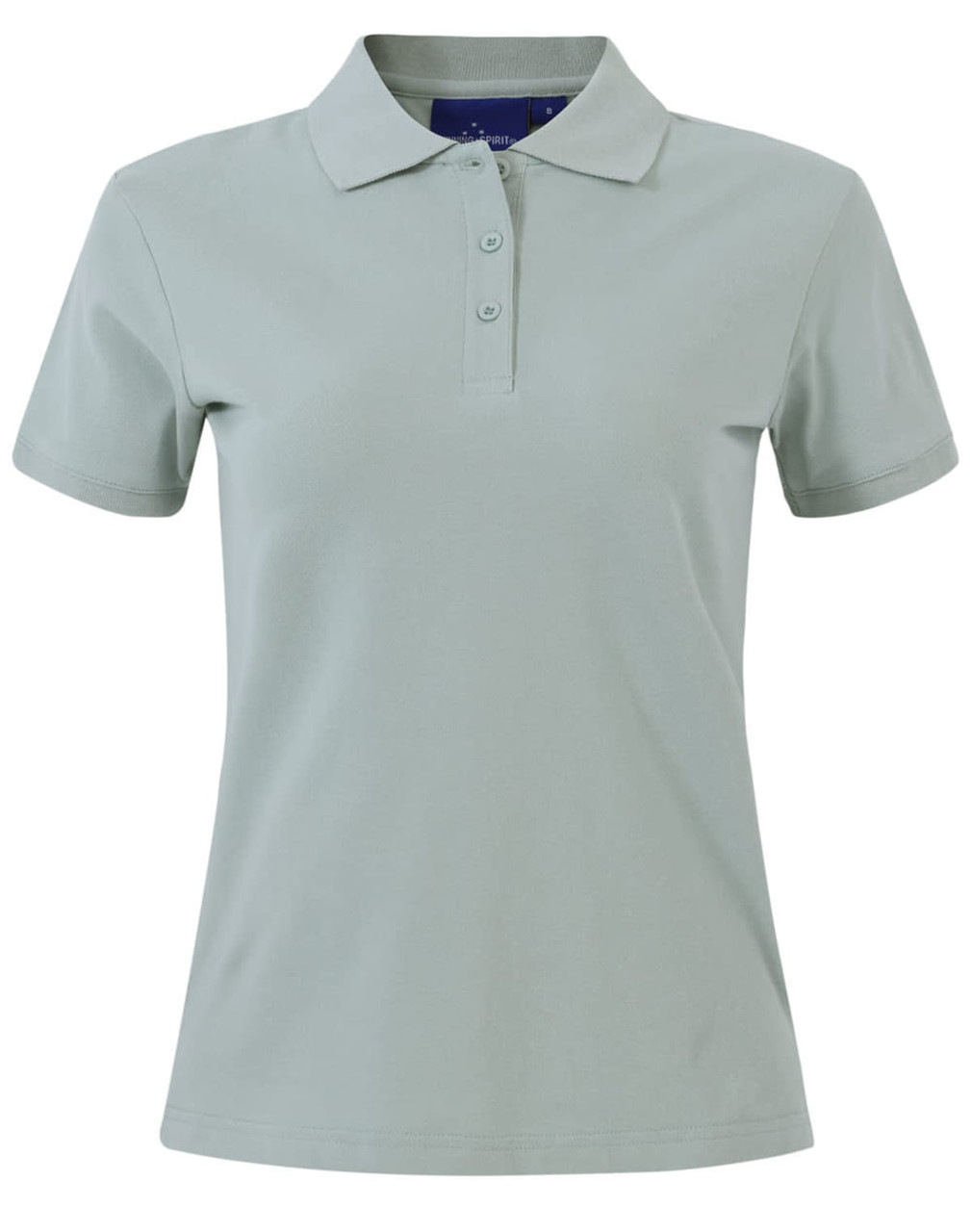 A ladies cotton stretch polo in a light green shade, featuring a collar and a button-up front. It has a logo.