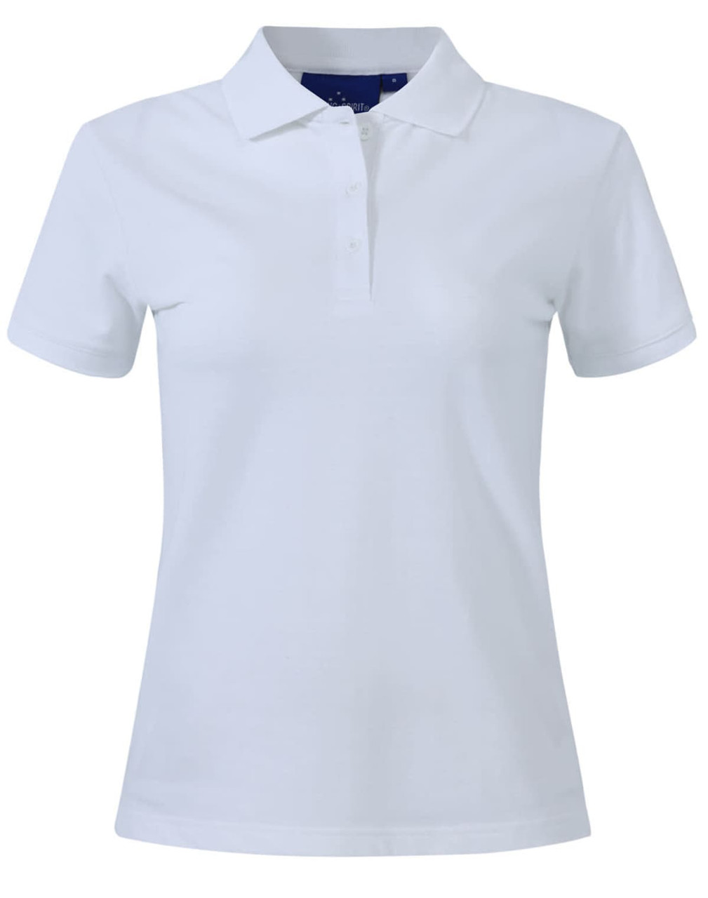 A white ladies cotton stretch polo shirt with a collar and a three-button placket. Features a logo on the chest.