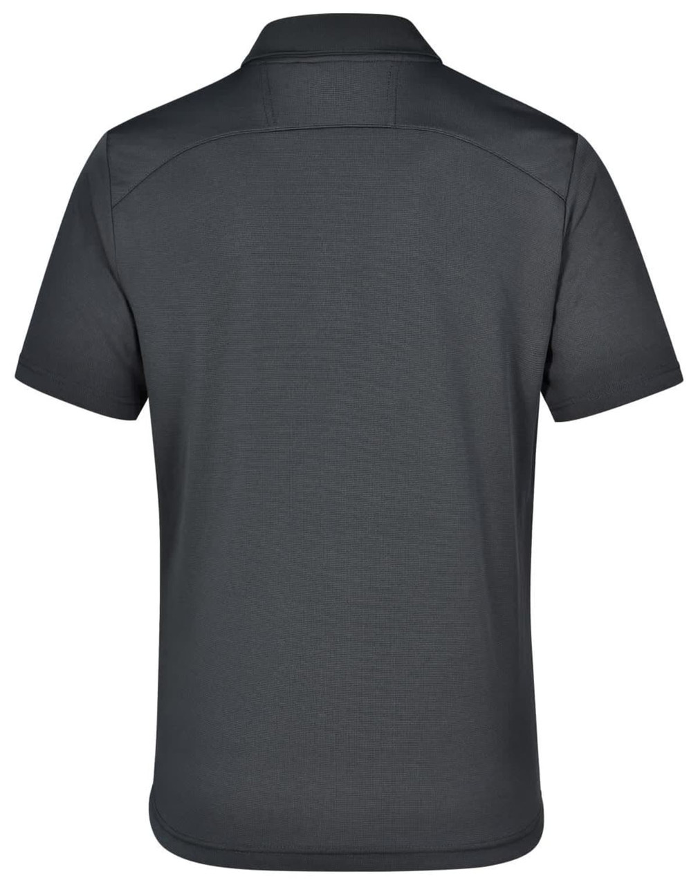 A dark grey polo shirt with a classic collar and short sleeves. Features branding on the back.
