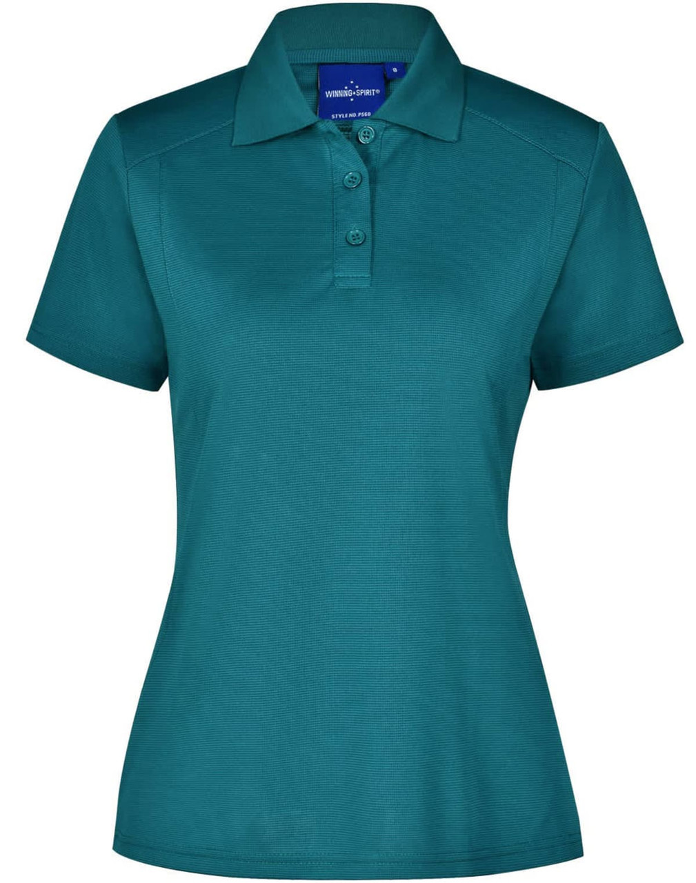 A teal ladies' polo shirt with a collar, short sleeves, and a button placket. It features a logo on the chest.