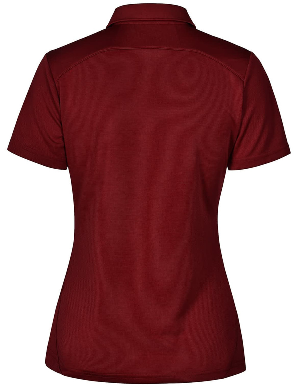 A maroon polo shirt with a collar and short sleeves, featuring a logo on the back.