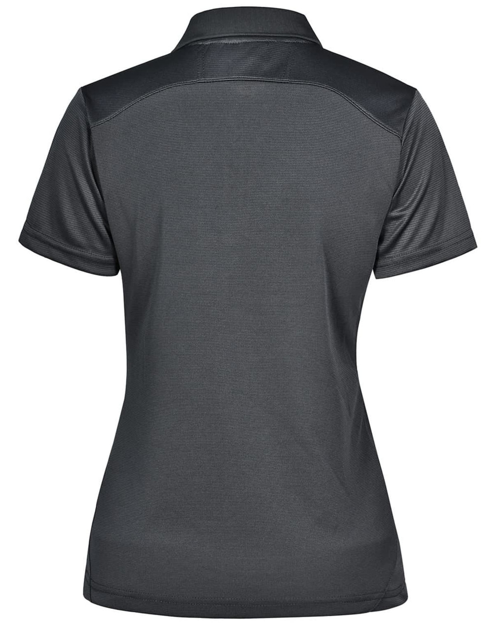 A dark grey ladies' polo shirt with a collar and a logo on the back.