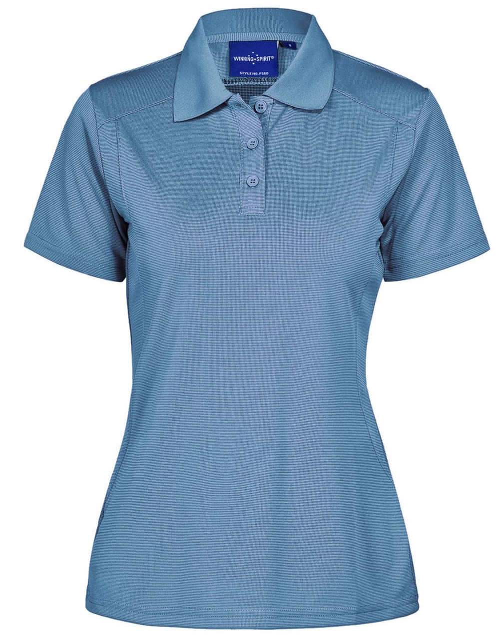 A blue ladies' polo shirt with a collared neckline and three-button placket, featuring a brand logo.