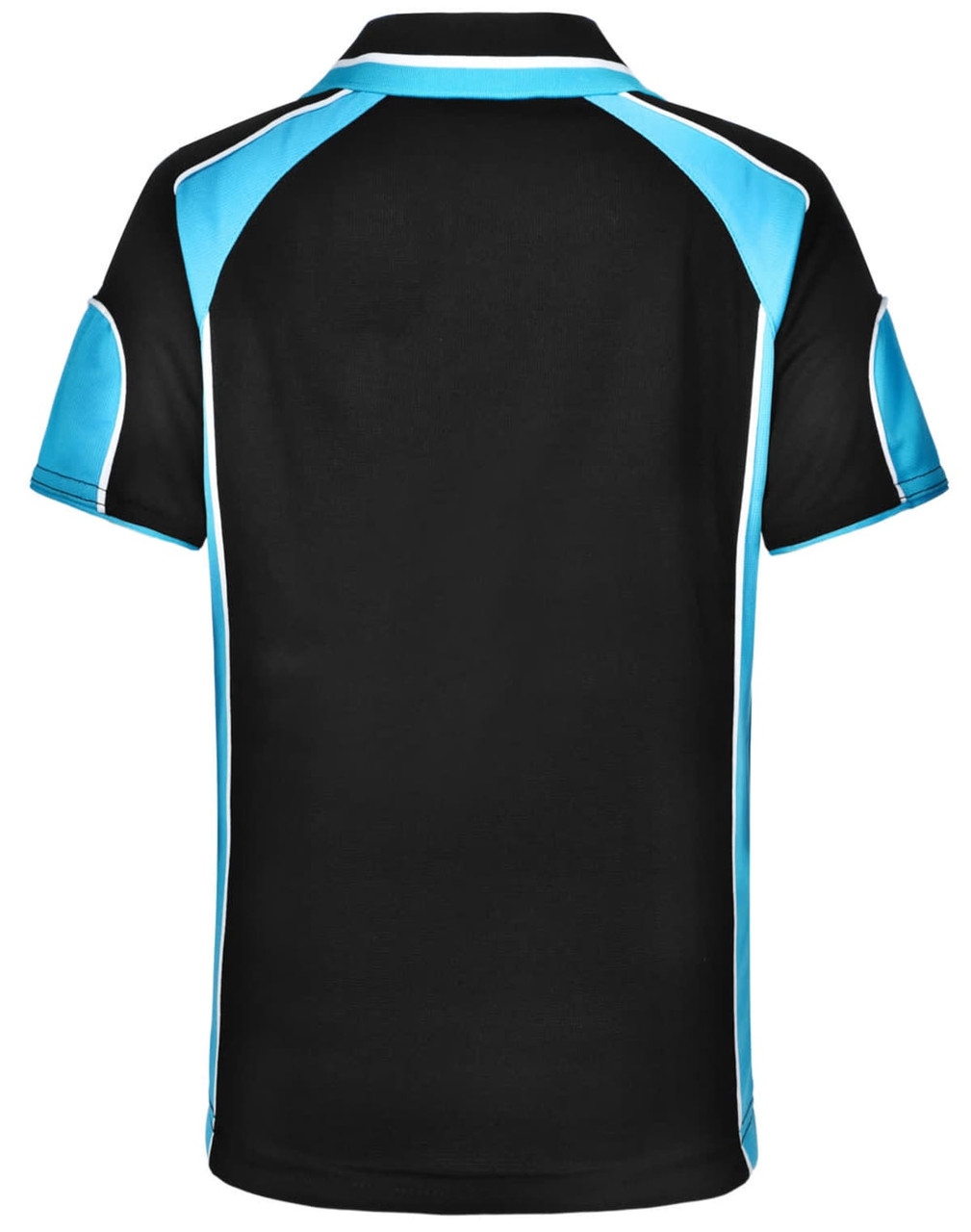 A black polo shirt with blue and white accents, featuring a logo on the front.