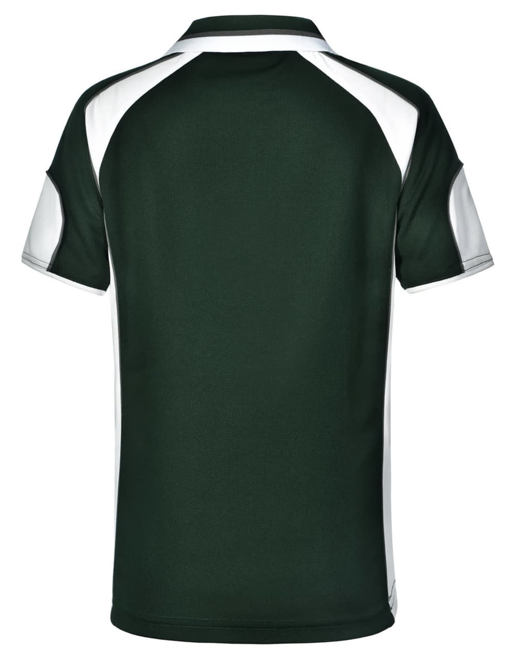 A green polo shirt with white accents and a logo on the back. Ideal for kids’ casual wear.