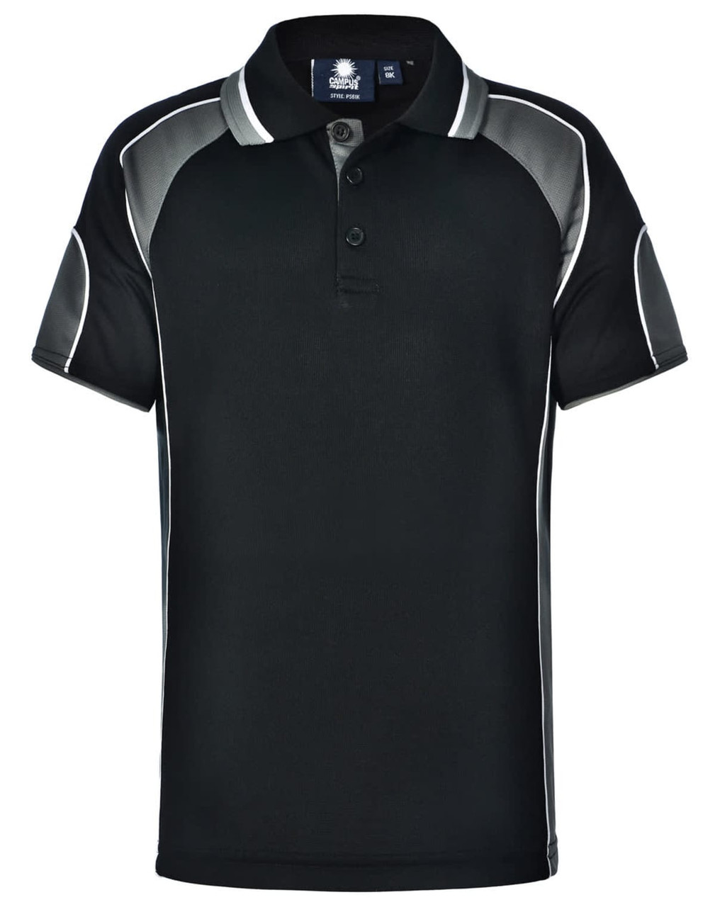 A black polo shirt with grey accents and a logo, featuring a classic collar and short sleeves.