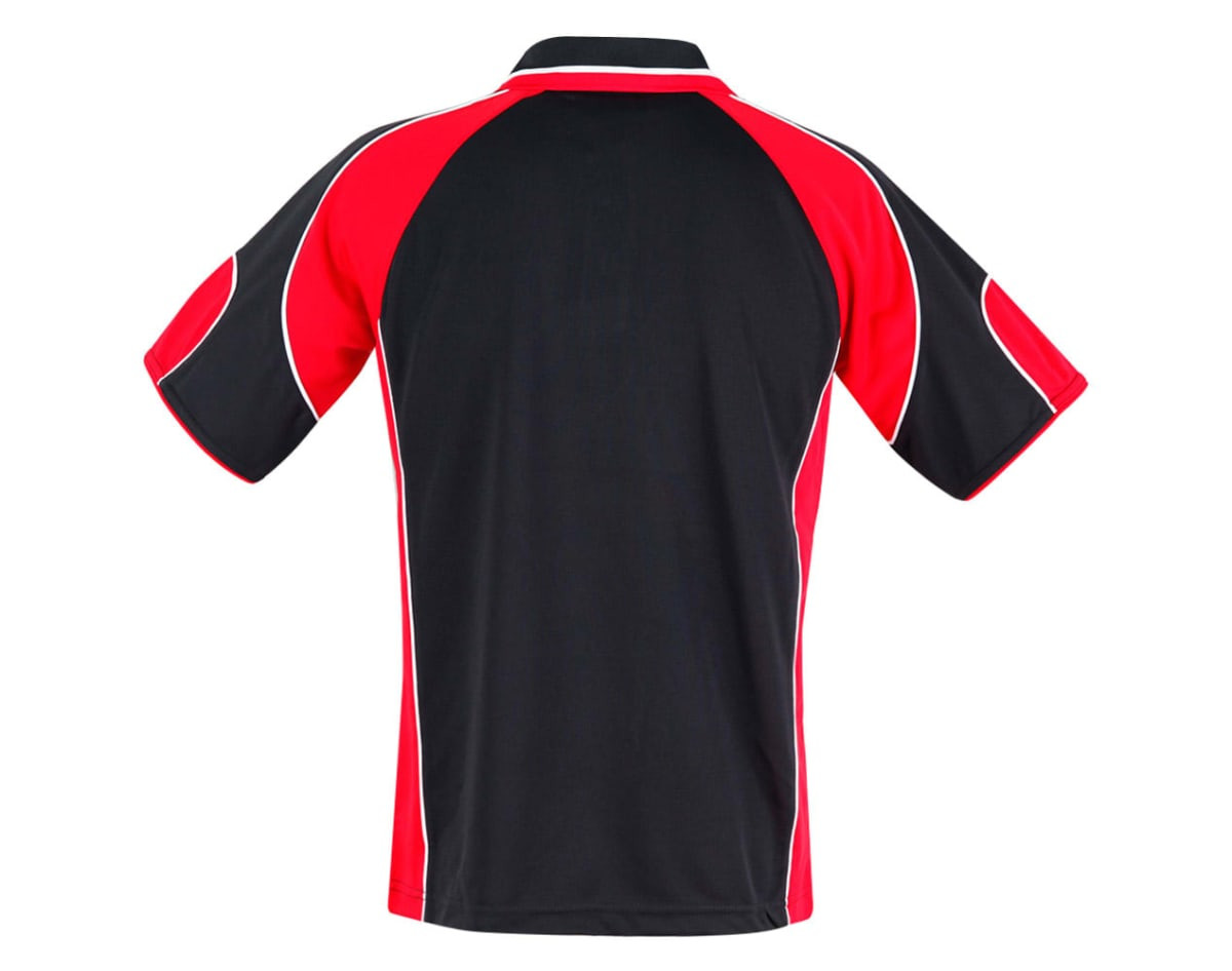 A black and red polo shirt featuring short sleeves and a decorative design on the shoulders. It has a logo.