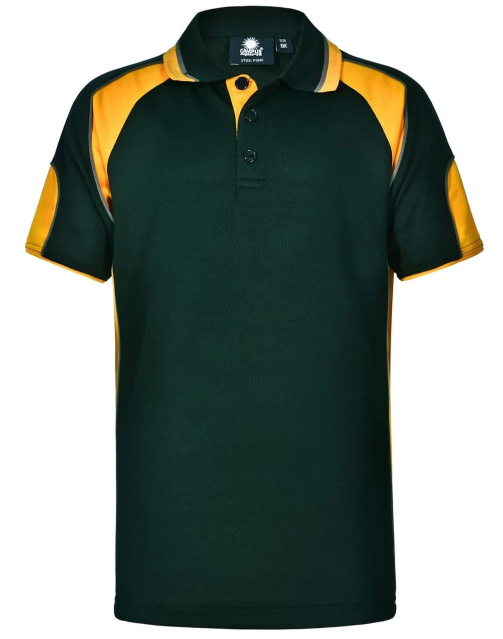 A green and yellow kid's polo shirt with a collar and two buttons, featuring a logo on the left side.