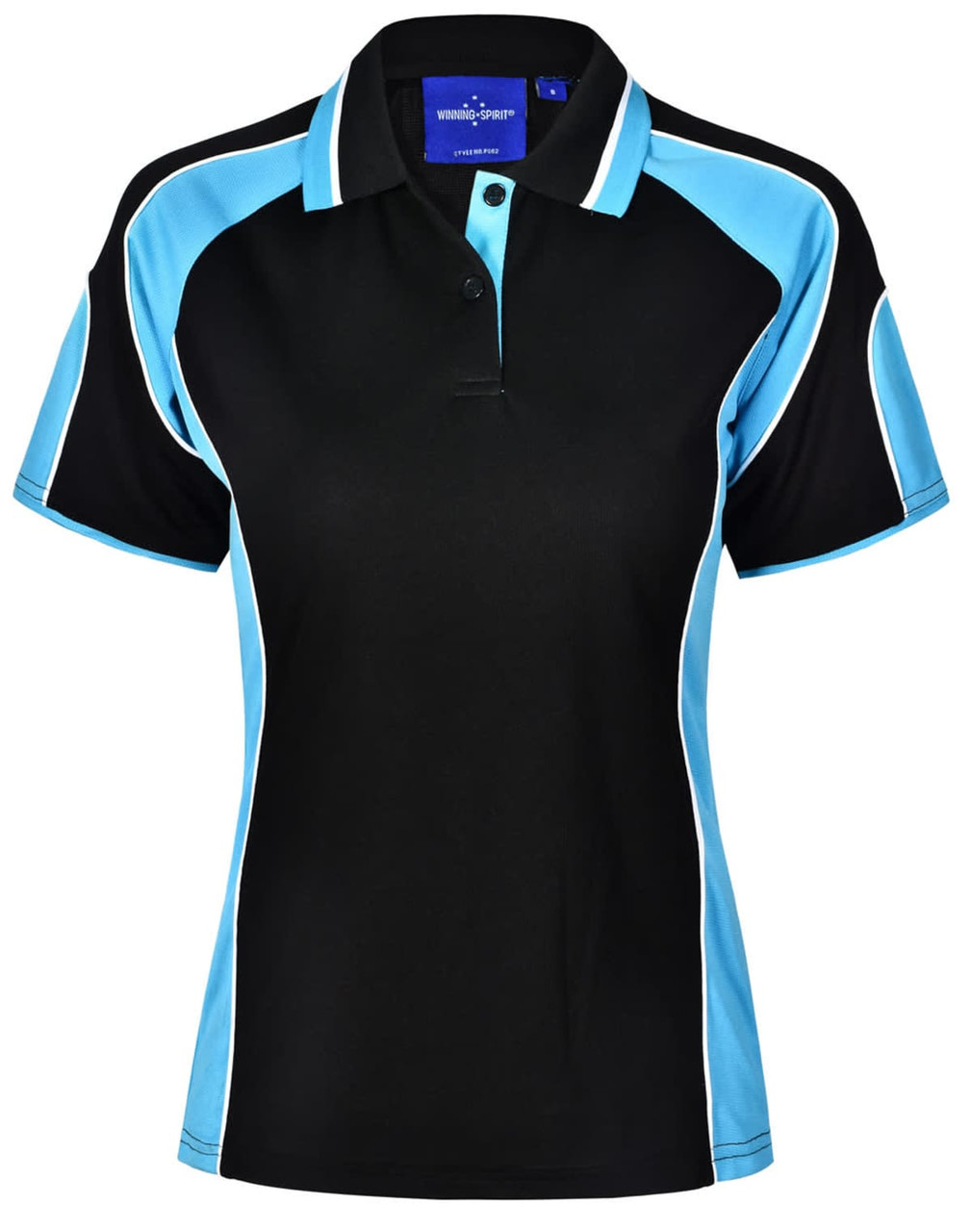 A black and light blue Ladies' Alliance Polo shirt with a collar and a logo.
