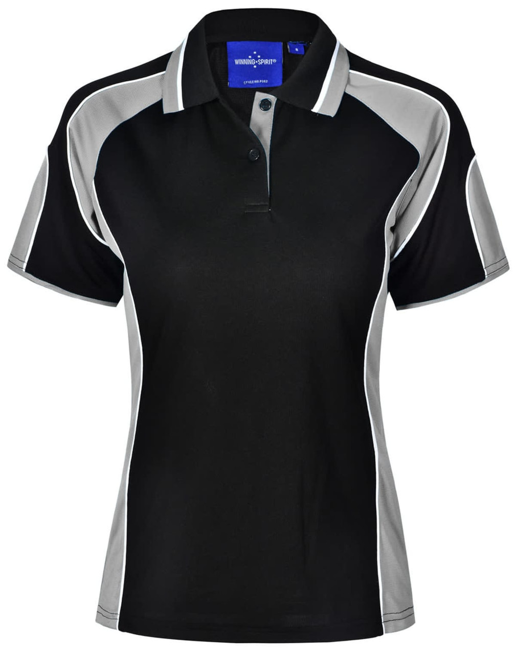 A ladies' polo shirt in black with grey accents and a branded label on the collar.