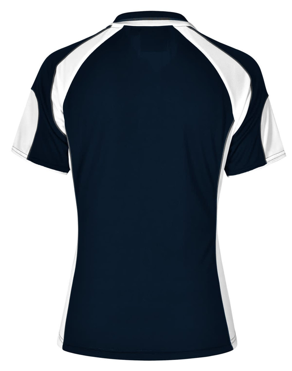 A navy blue polo shirt with white accents, featuring a sporty design and a logo on the back.