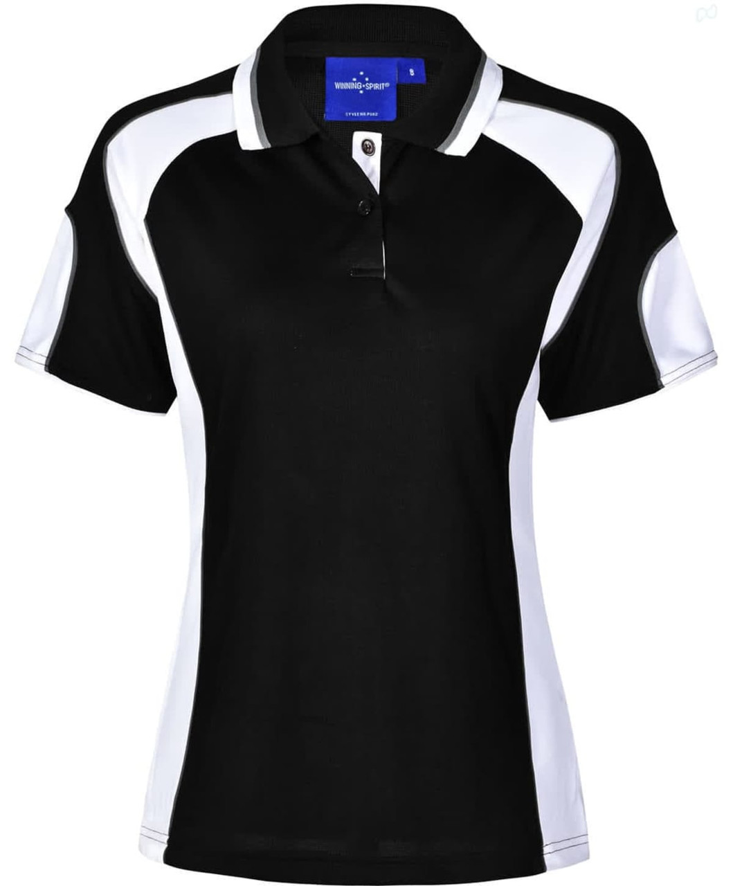 A black and white polo shirt featuring a collar and short sleeves, with a logo on the front.