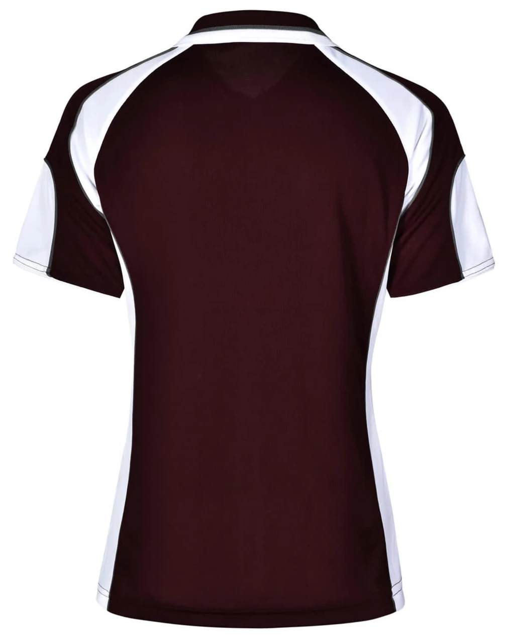A maroon and white polo shirt featuring a sporty design and a logo on the back.