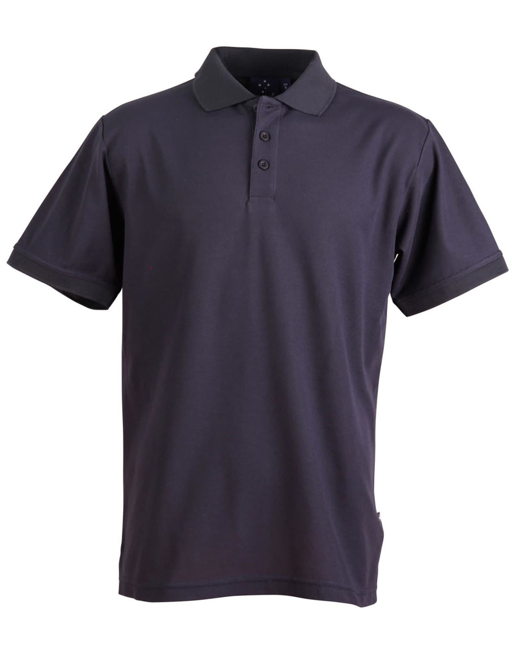 A navy blue men's polo shirt with a collar, short sleeves, and a logo on the side.
