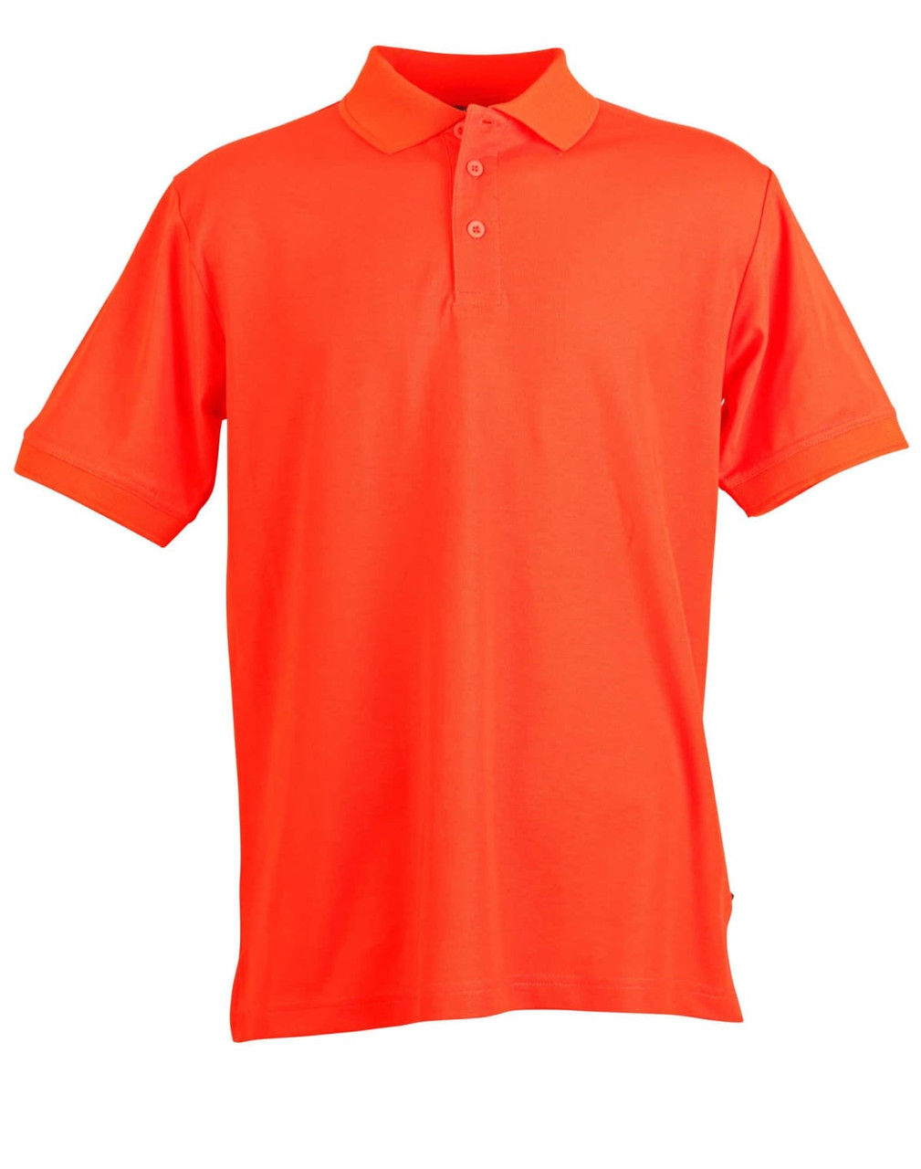 An orange polo shirt featuring a collar and short sleeves, with a logo on the front.