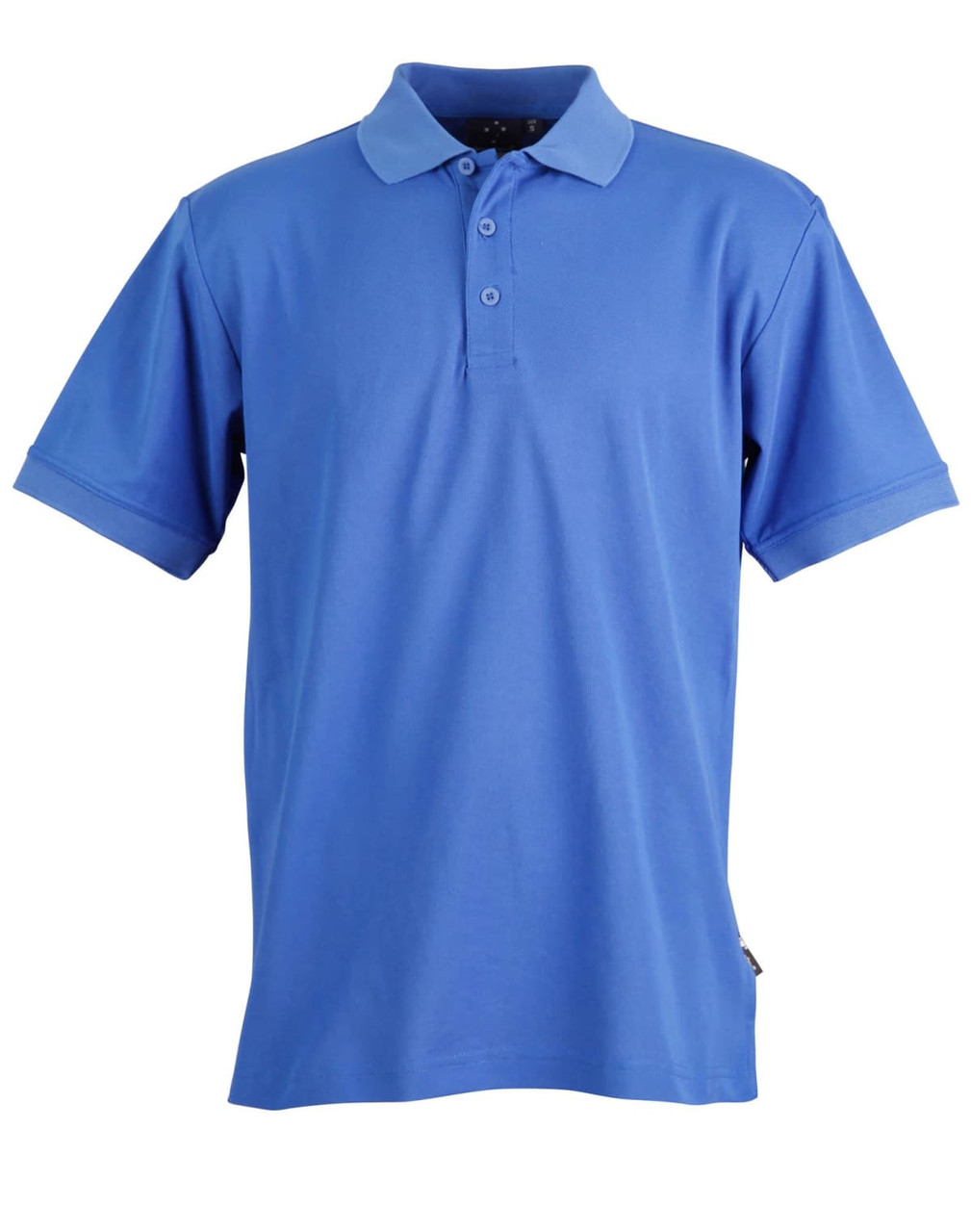 A blue Men's Connection Polo shirt featuring a collar, buttons, and short sleeves, with a branding logo.