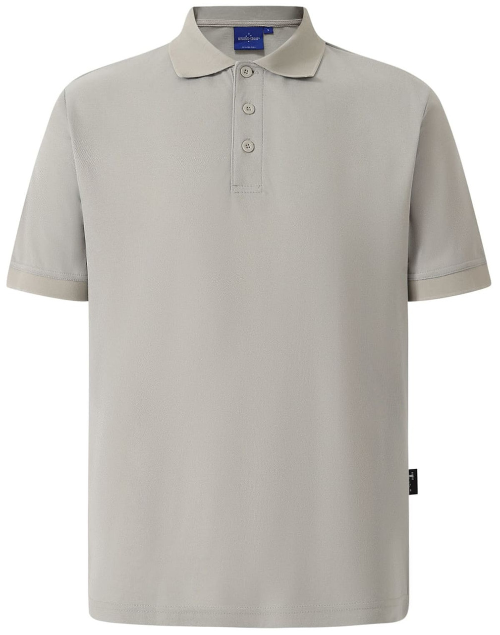 A light grey polo shirt with a classic collar and three-button placket, featuring a logo on the side.