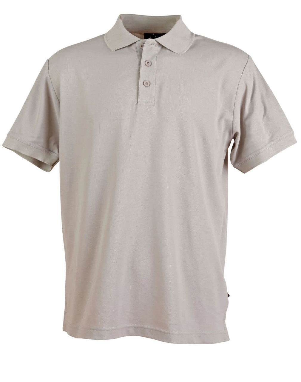A light grey polo shirt with a classic collar and three-button placket, featuring a logo on the side.