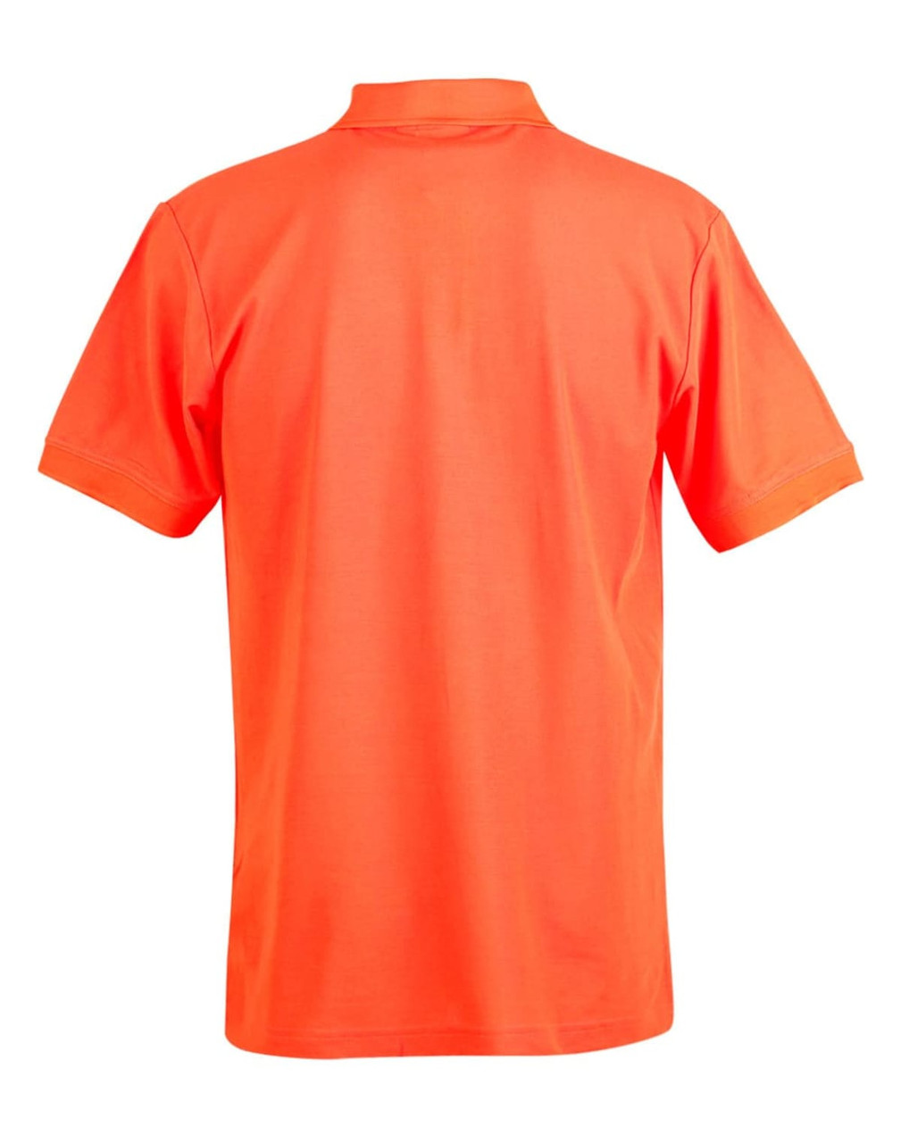 An orange men's polo shirt featuring a collar and short sleeves, with a brand logo on the chest.