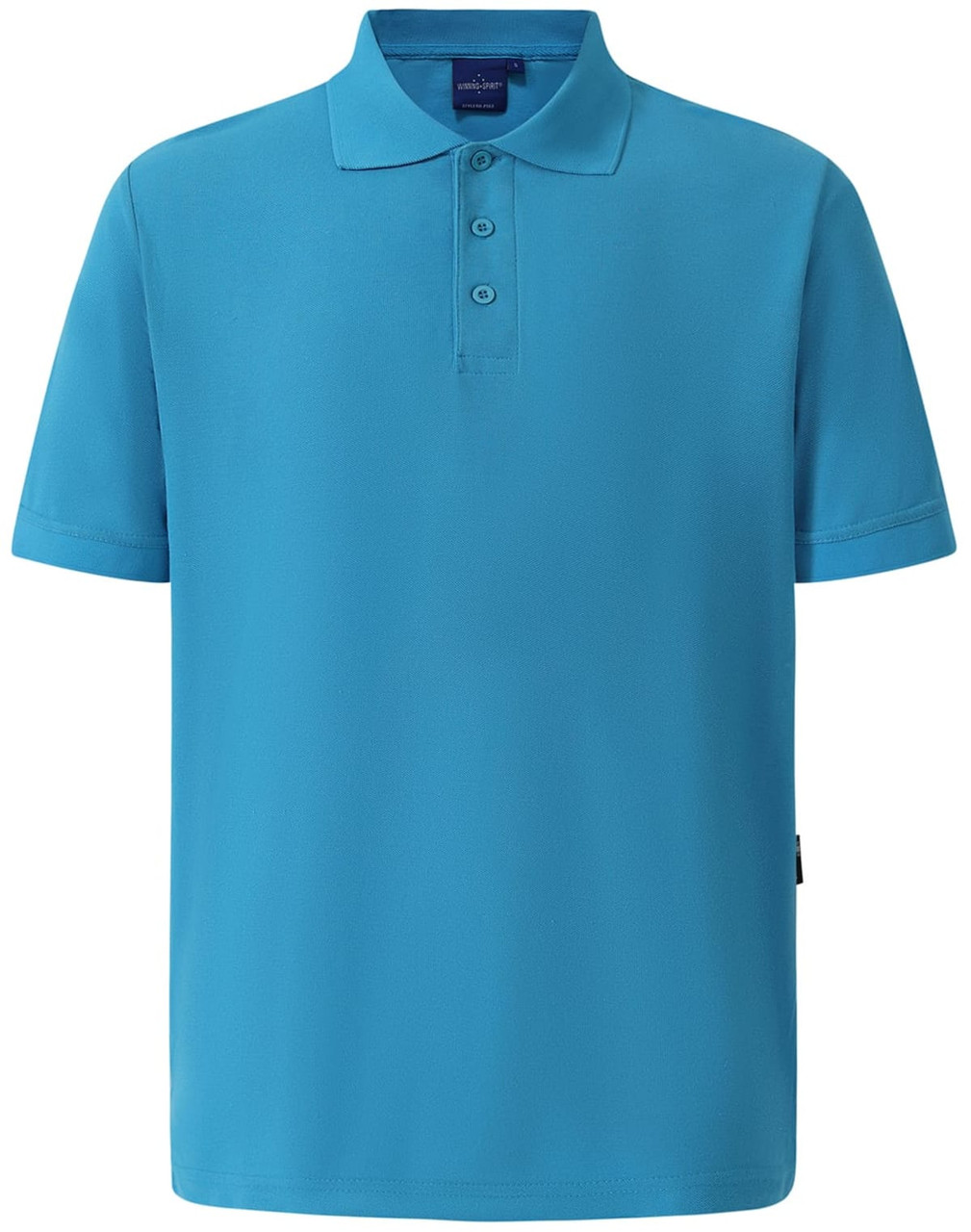 A bright blue polo shirt featuring a collar, short sleeves, and a logo on the front.