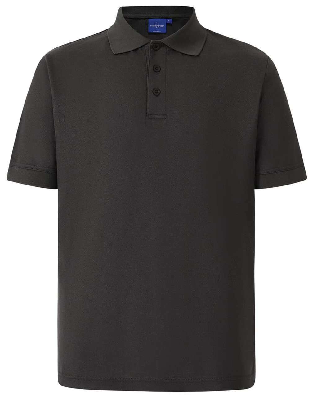 A grey men's polo shirt featuring a collar, short sleeves, and a three-button placket. It includes a logo.