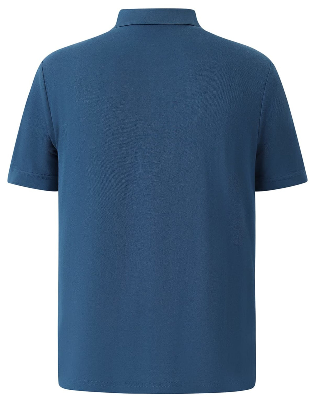 A blue men's polo shirt with a short sleeve and a collar, featuring a logo on the side.