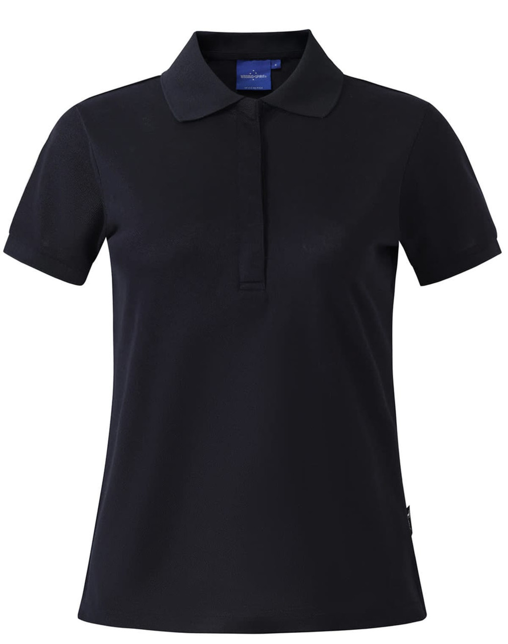 A charcoal grey ladies' polo shirt with a collared neck and short sleeves, featuring a logo.