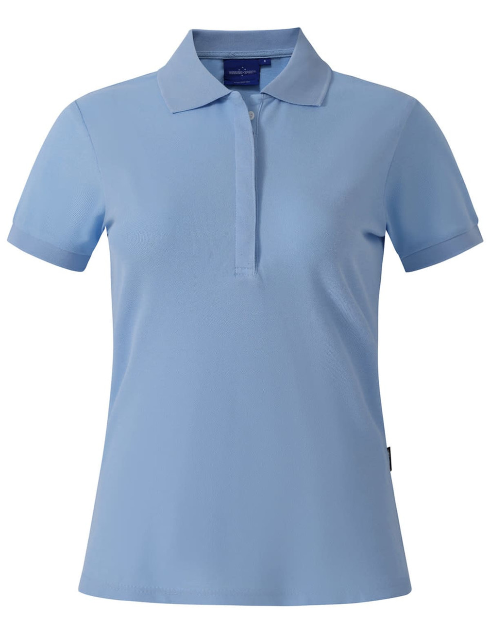 Light blue ladies' polo shirt with a collar and short sleeves. The shirt features a logo on it.