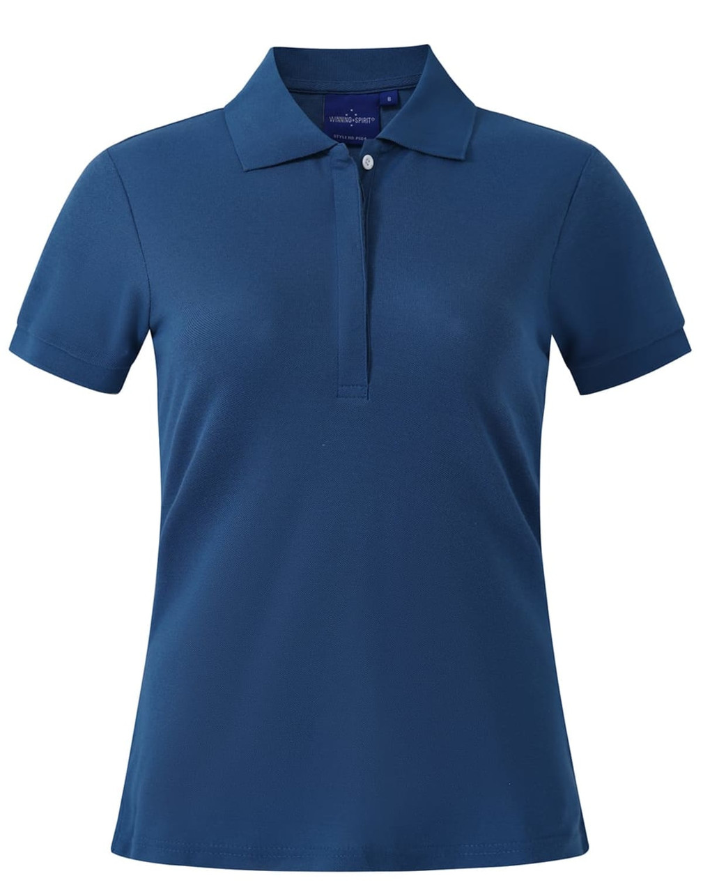 A teal ladies' polo shirt with a collar, short sleeves, and button detailing. It features a branding logo.