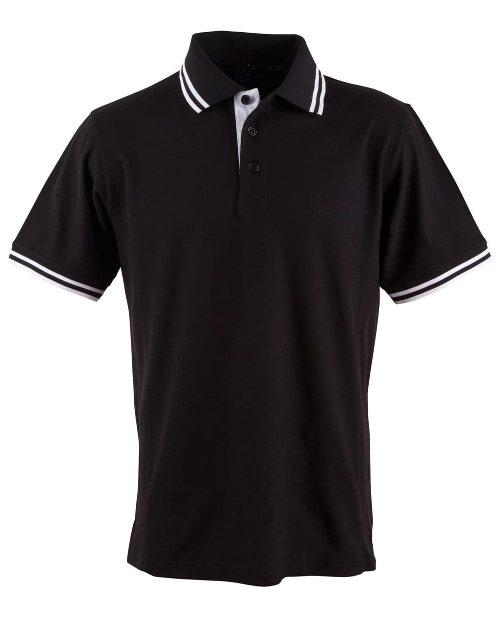 A black polo shirt with white collar and sleeve stripes, featuring a logo on the chest.