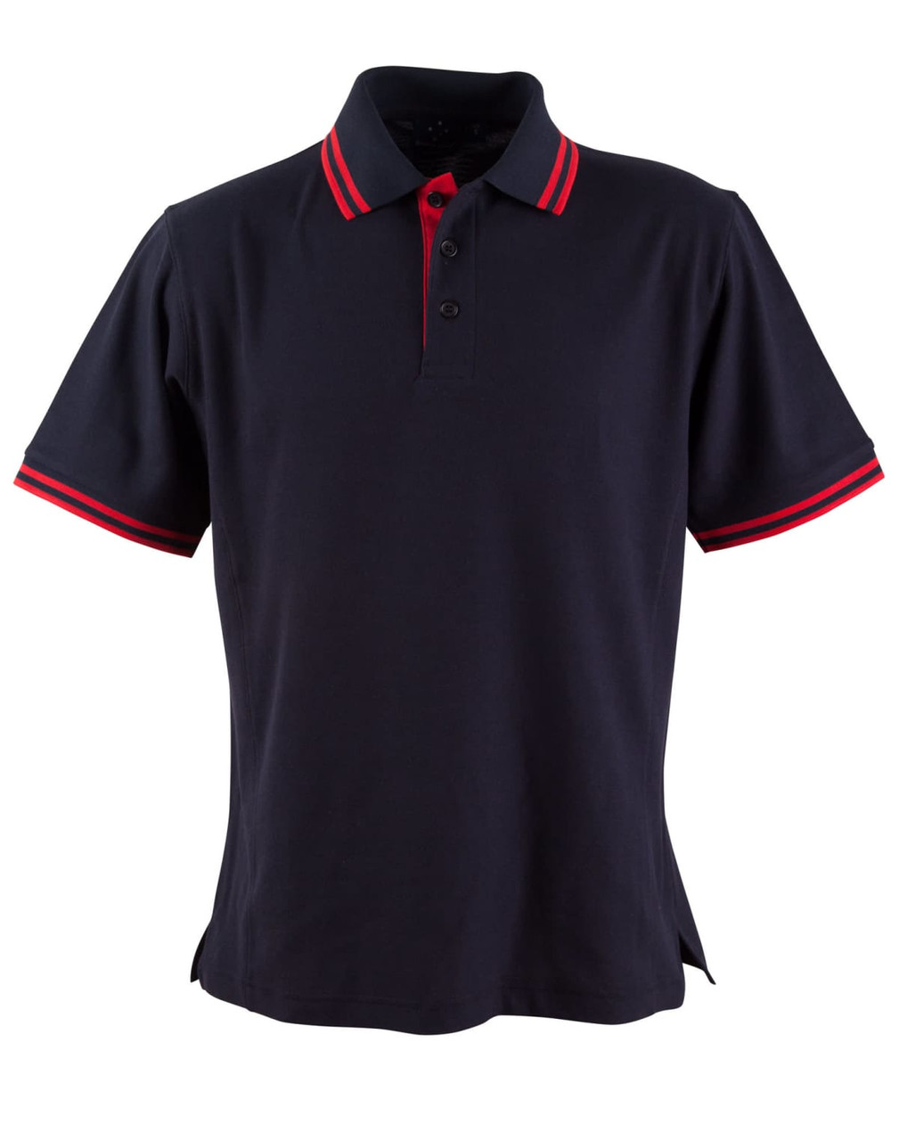 A navy blue polo shirt with red-striped accents on the collar and sleeves, featuring a logo.