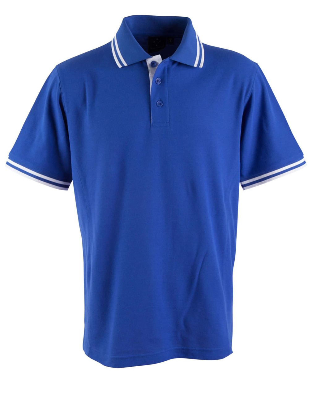 A blue polo shirt with white stripes on the collar and sleeves, featuring a logo.