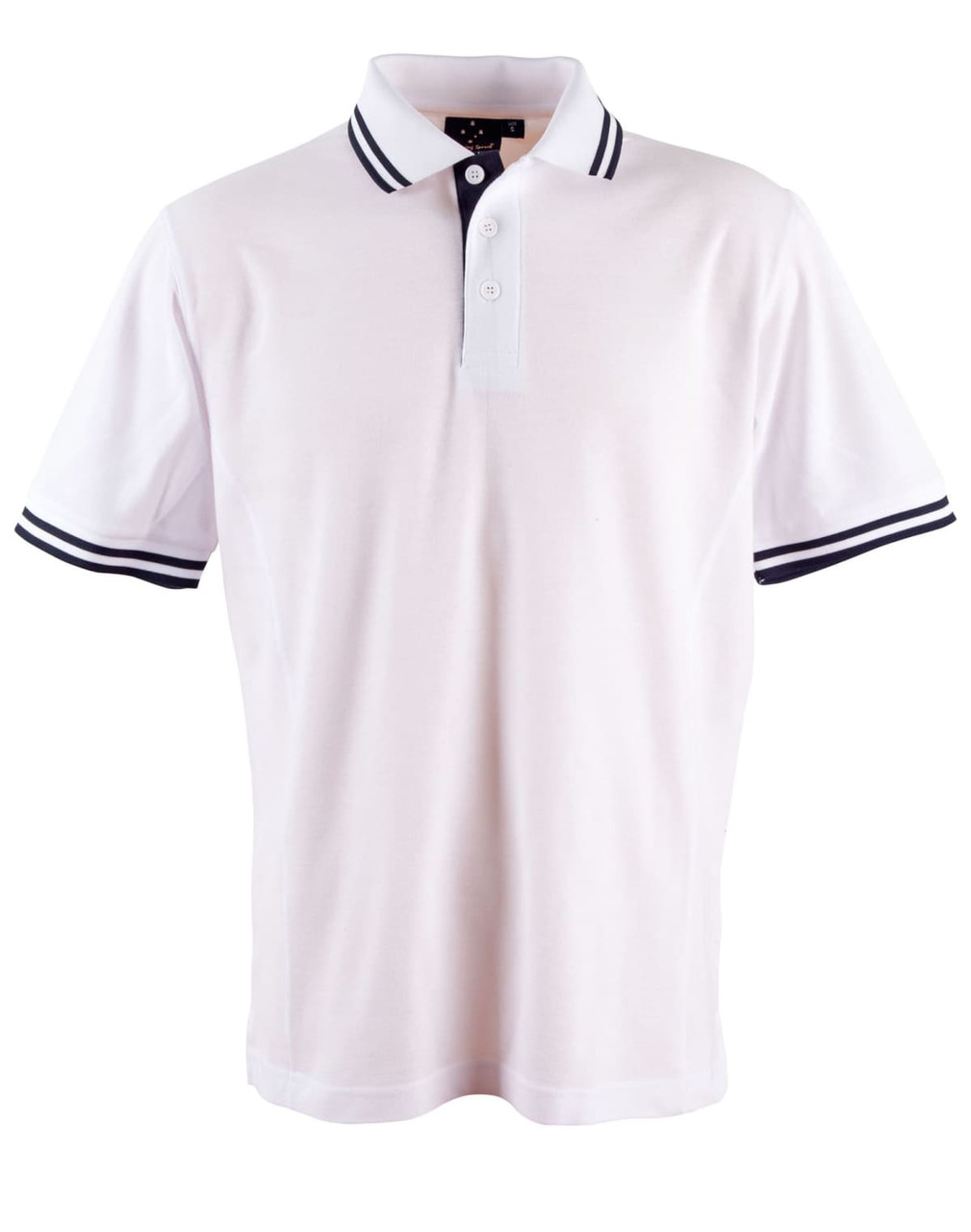A white polo shirt featuring navy blue stripes on the collar and sleeves, with a three-button placket and a logo.