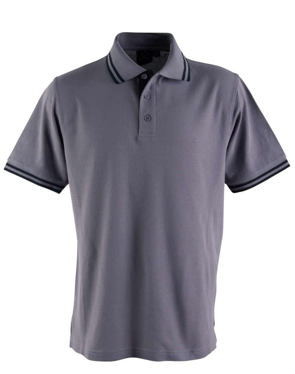 A grey polo shirt with dark striped detailing on the collar and sleeves. It features a logo on the chest.
