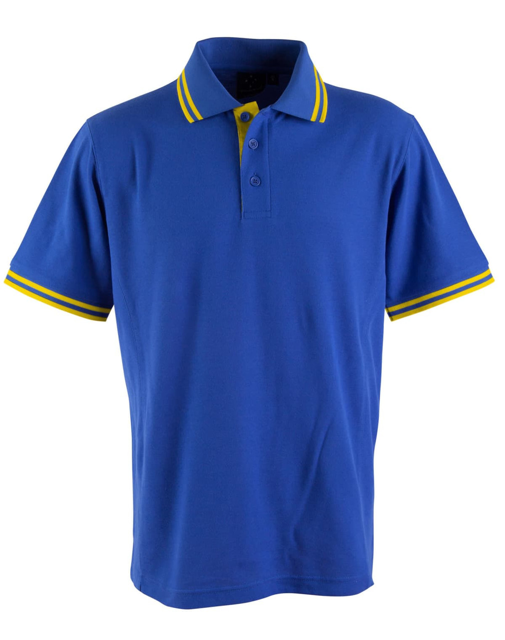 A blue polo shirt featuring yellow striped detailing on the collar and sleeves, with a logo on the chest.