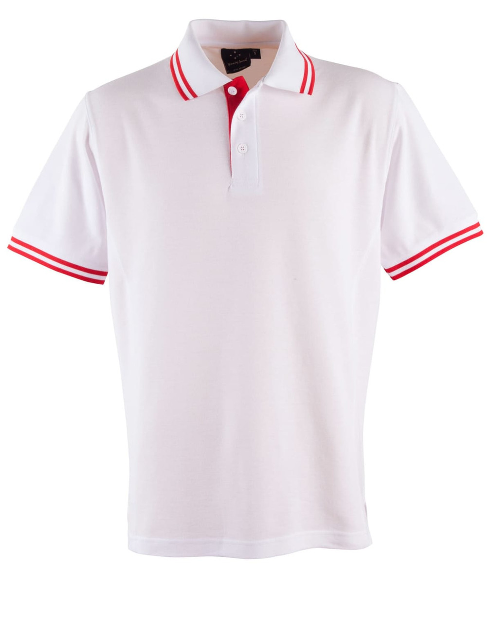 A white polo shirt featuring red striped accents on the collar and sleeves. The shirt has a logo on the chest.