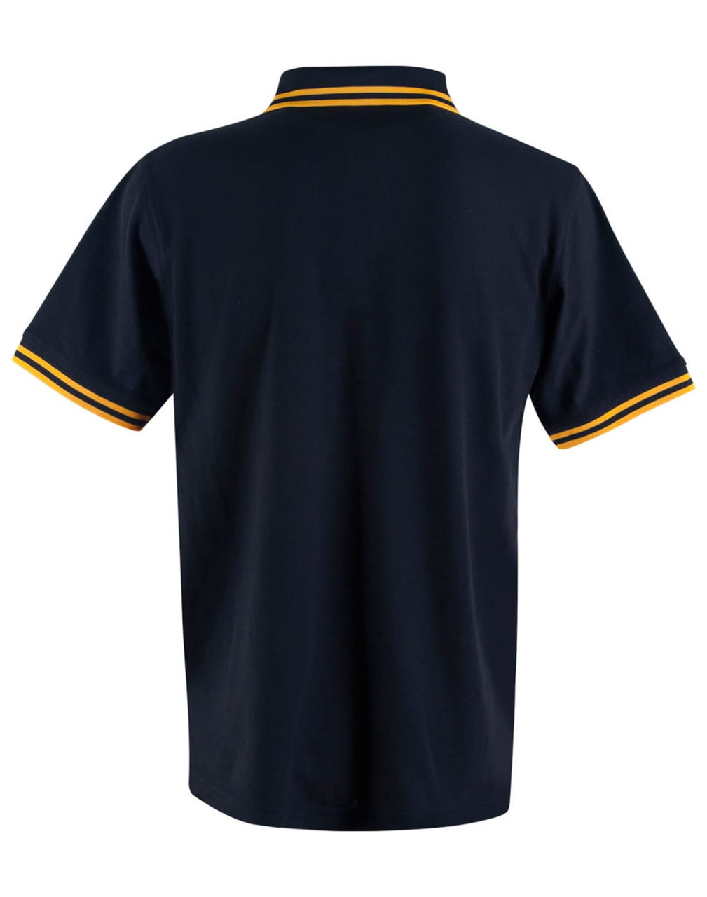 A navy blue kids' polo shirt with yellow striped accents on the collar and sleeves. It has a logo on the front.