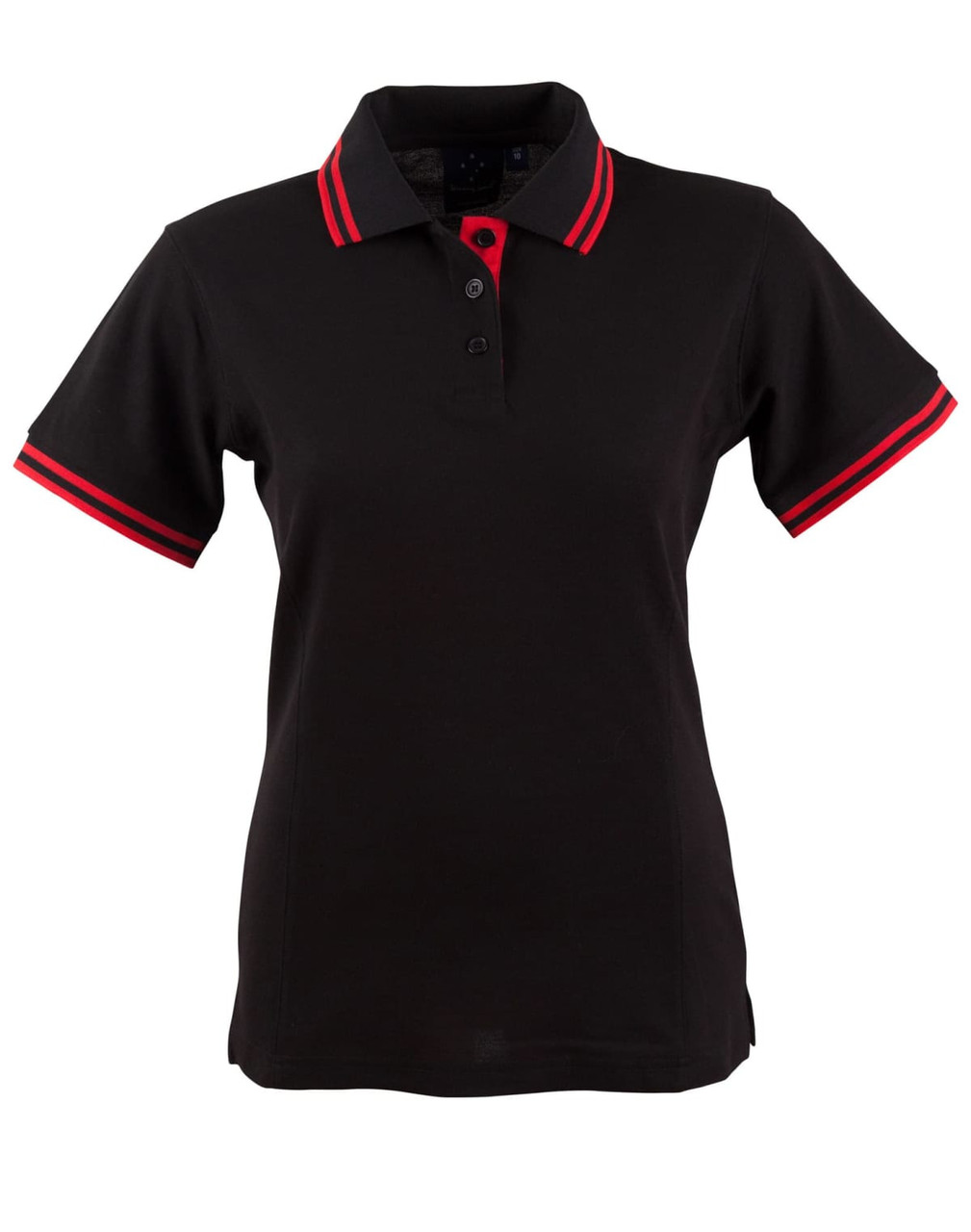 A black ladies' polo shirt with red collar and sleeve accents. Features a collar and three-button placket, and has a logo.