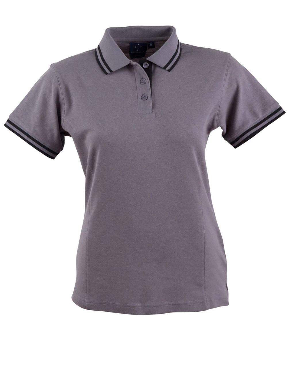 A ladies' polo shirt in grey with contrasting black stripes on the collar and sleeves. It features a logo.