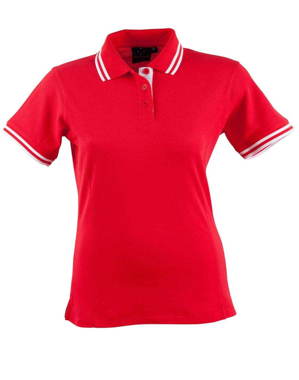 A red ladies' polo shirt with white stripes on the collar and sleeves, featuring a logo on the chest.