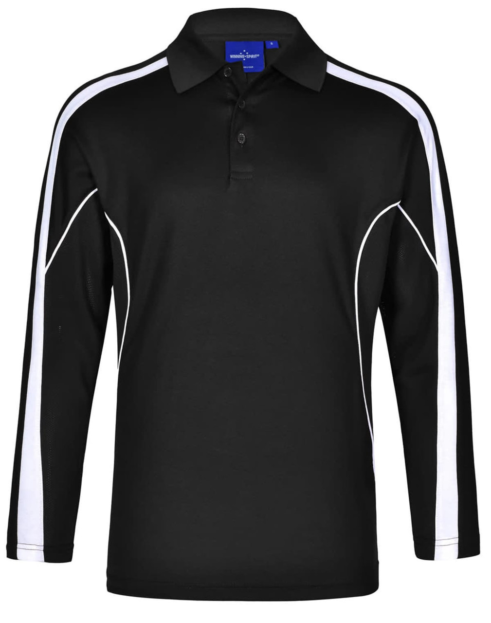 Men's long sleeve polo shirt in black with white side stripes and a collar. Features a logo on the chest.