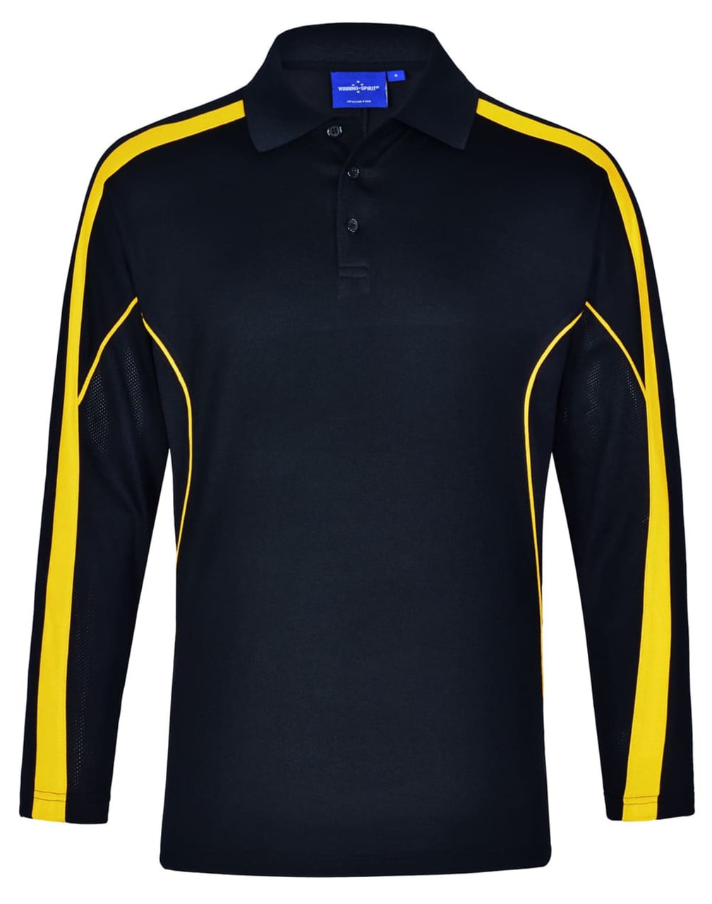 A black long sleeve polo shirt with yellow side stripes and a collar. Contains a branded logo.