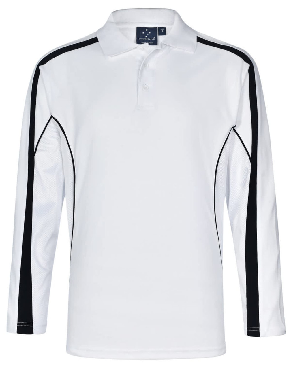 Men's long sleeve polo in white with black side accents and a logo. Ideal for casual or sporty wear.